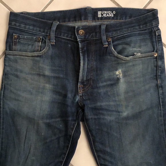 Mens Uniqlo cropped / distressed SELVEDGE DENIM jeans (29” x 27”), faded blue - Picture 3 of 12